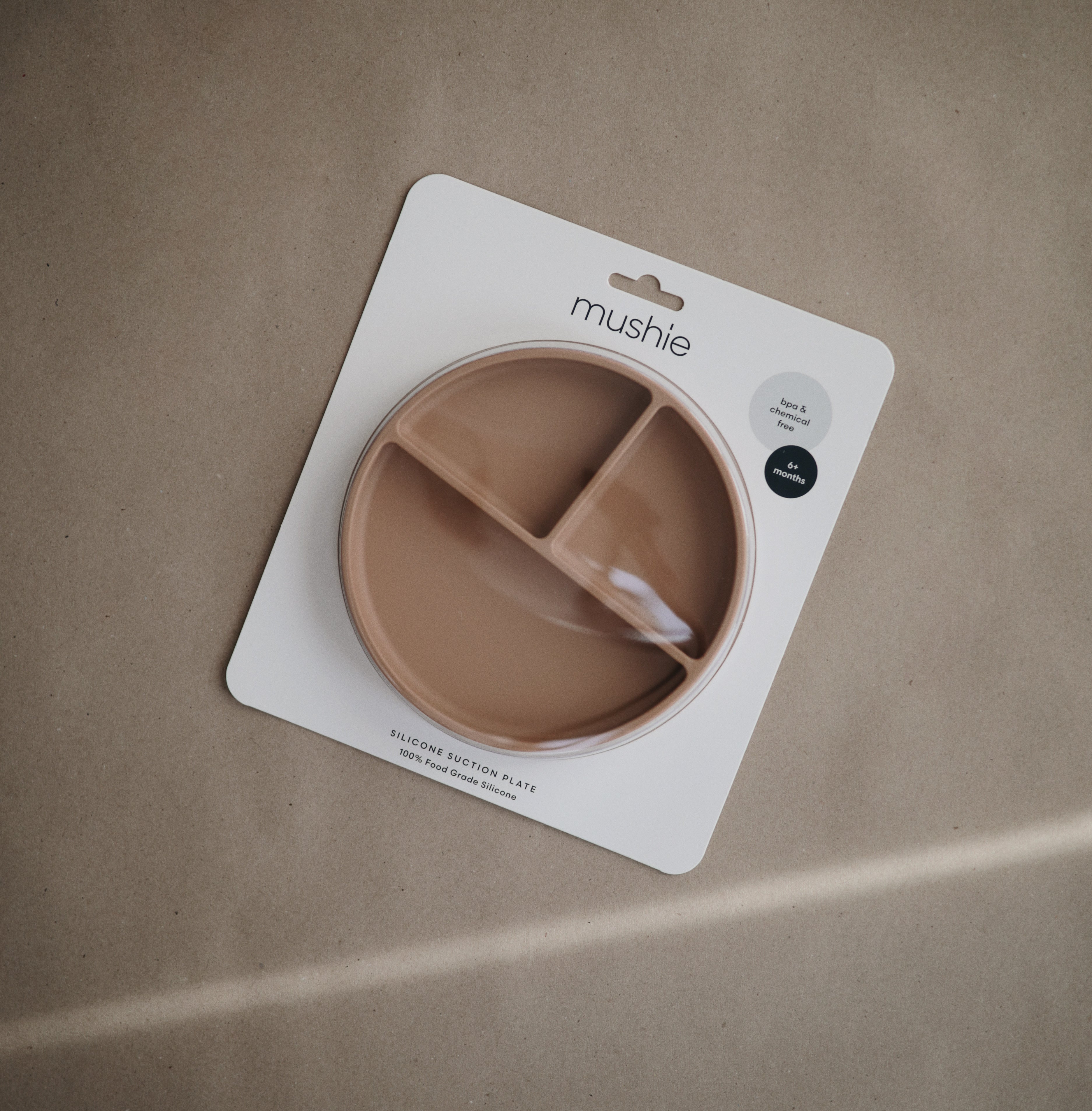 Mushie silicone suction divided plate in Blush in original packaging
