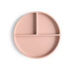 Top view of Mushie silicone suction divided plate in Blush on a white background