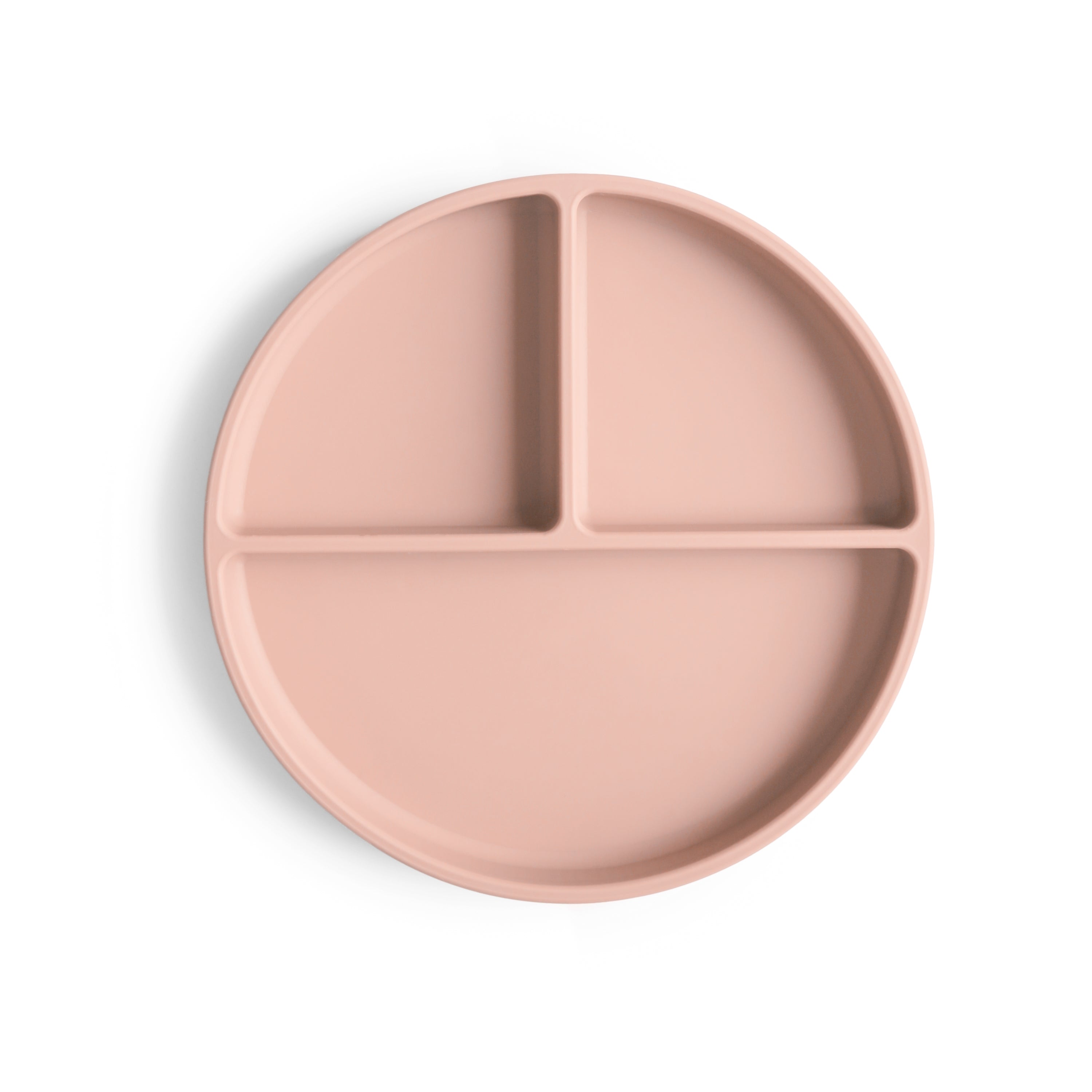 Top view of Mushie silicone suction divided plate in Blush on a white background