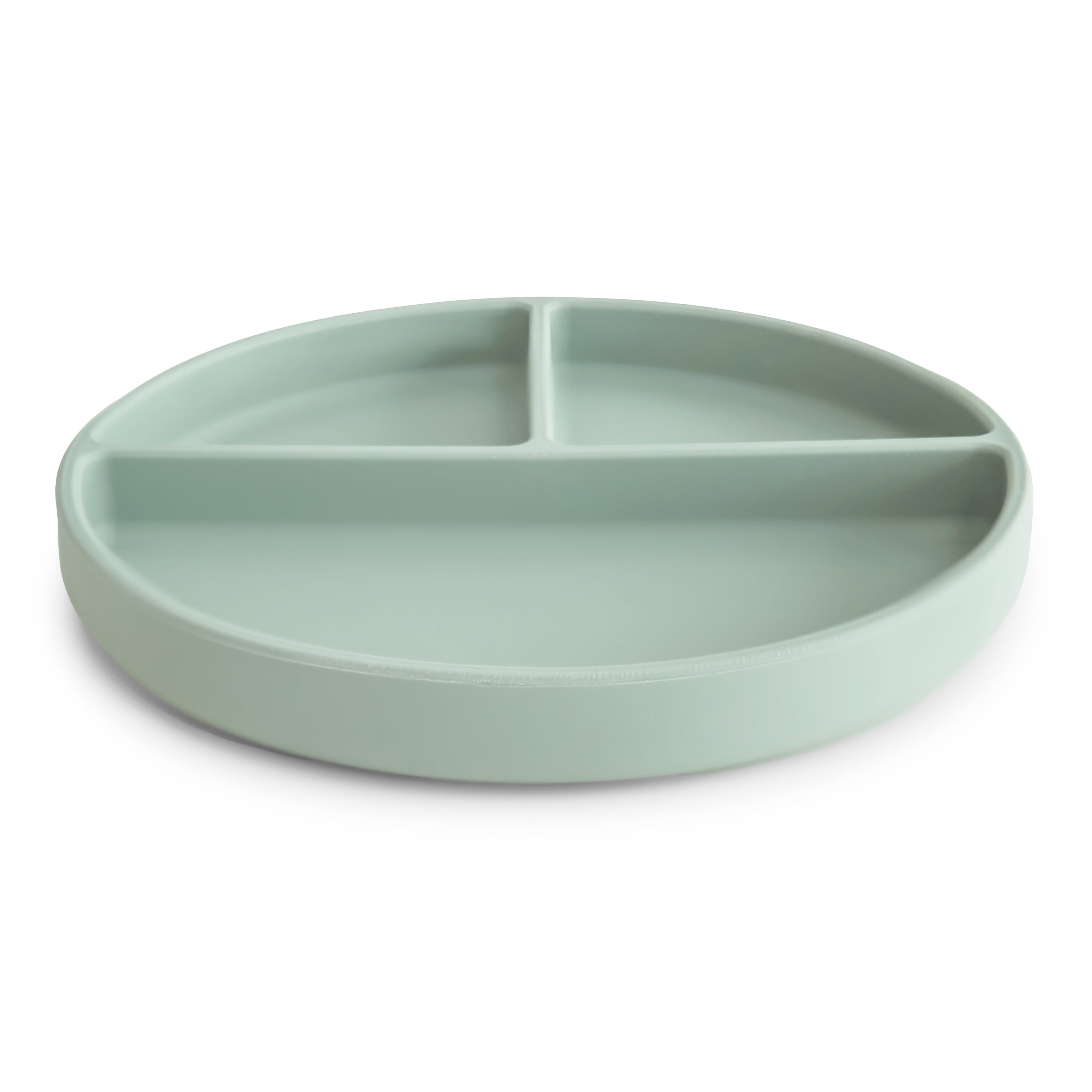 Side view of Mushie silicone suction divided plate in Cambridge blue on a white background