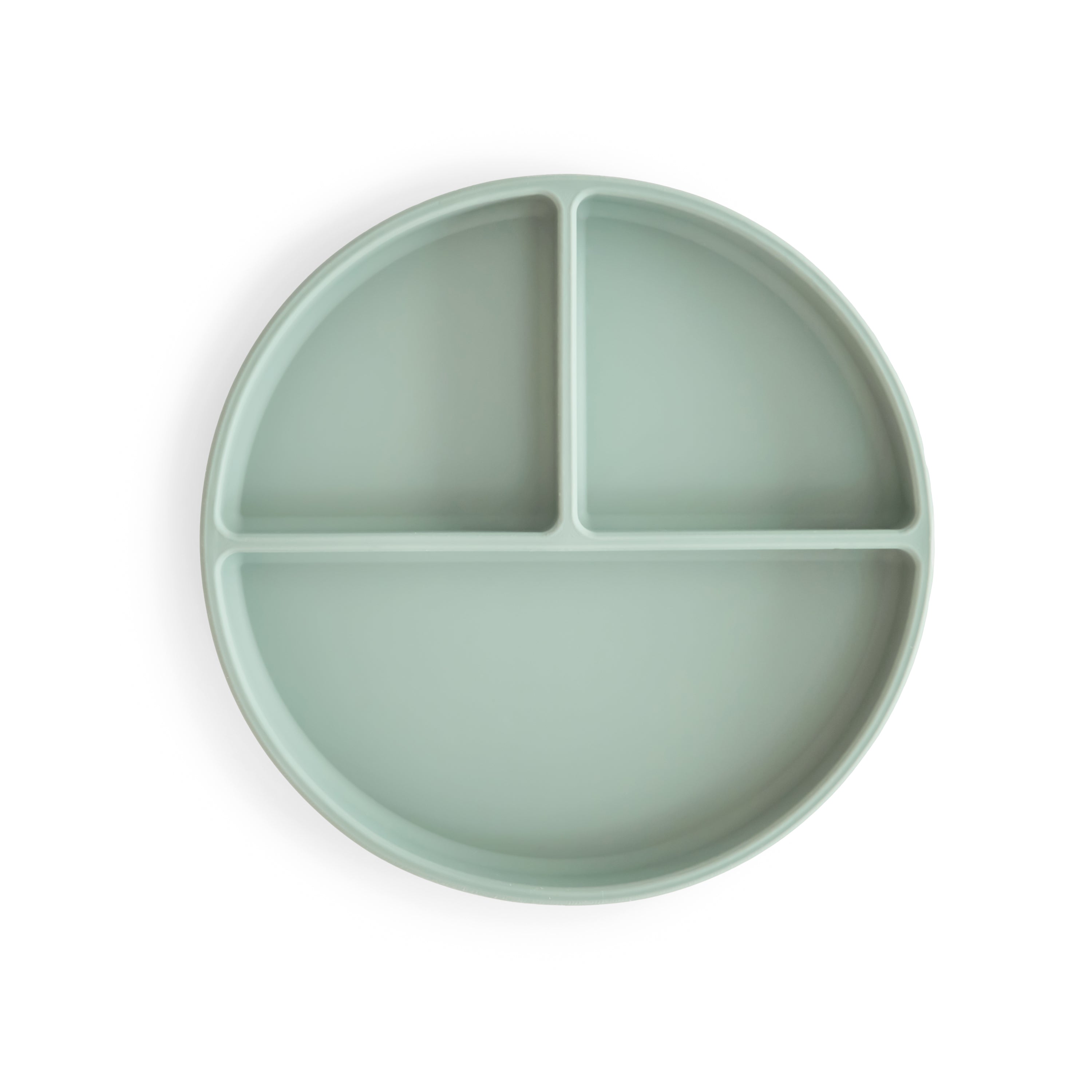 Top view of Mushie silicone suction divided plate in Cambridge blue on a white background