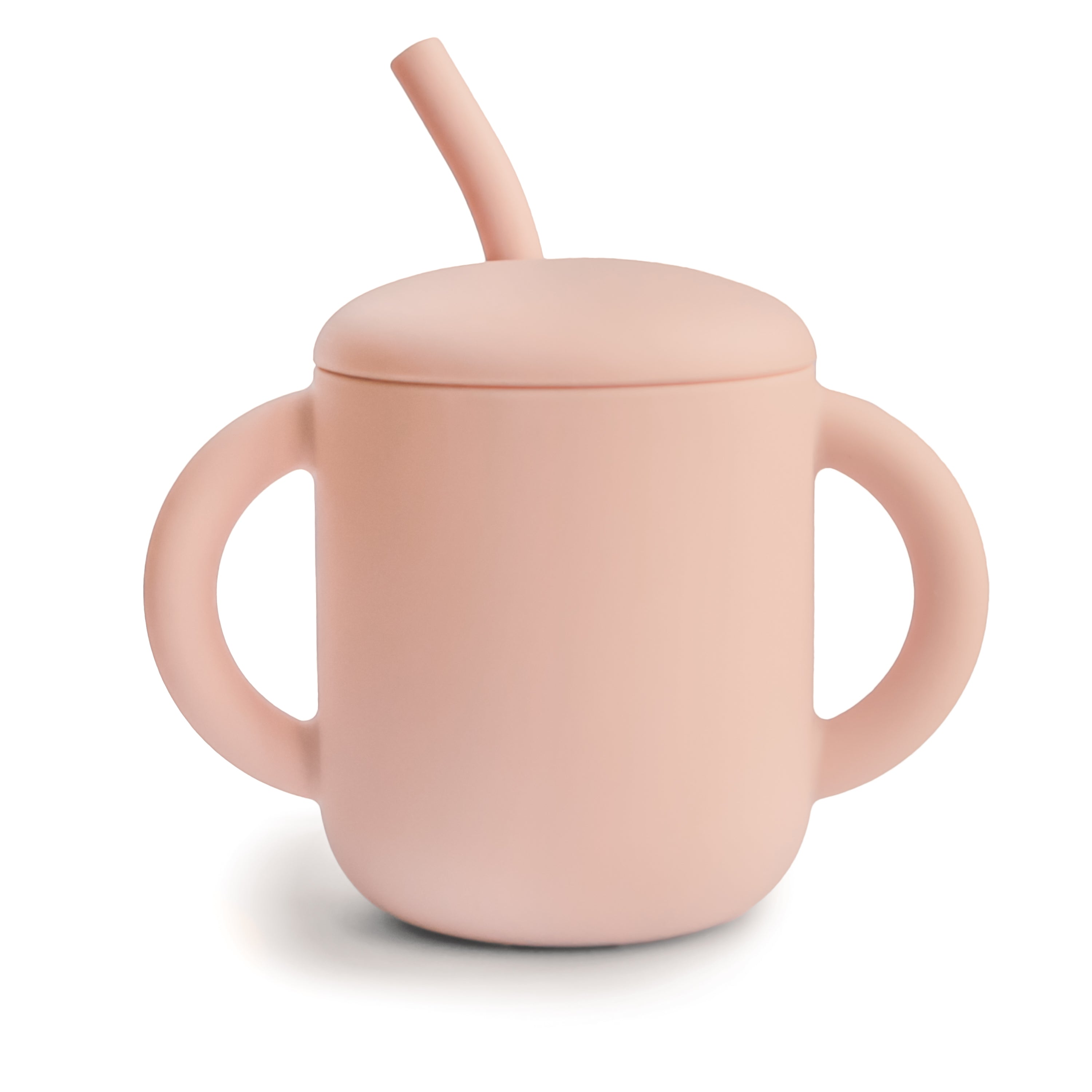 Mushie training cup with straw in Blush on a white background