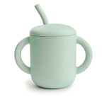 Mushie training cup with straw in Cambridge blue on a white background