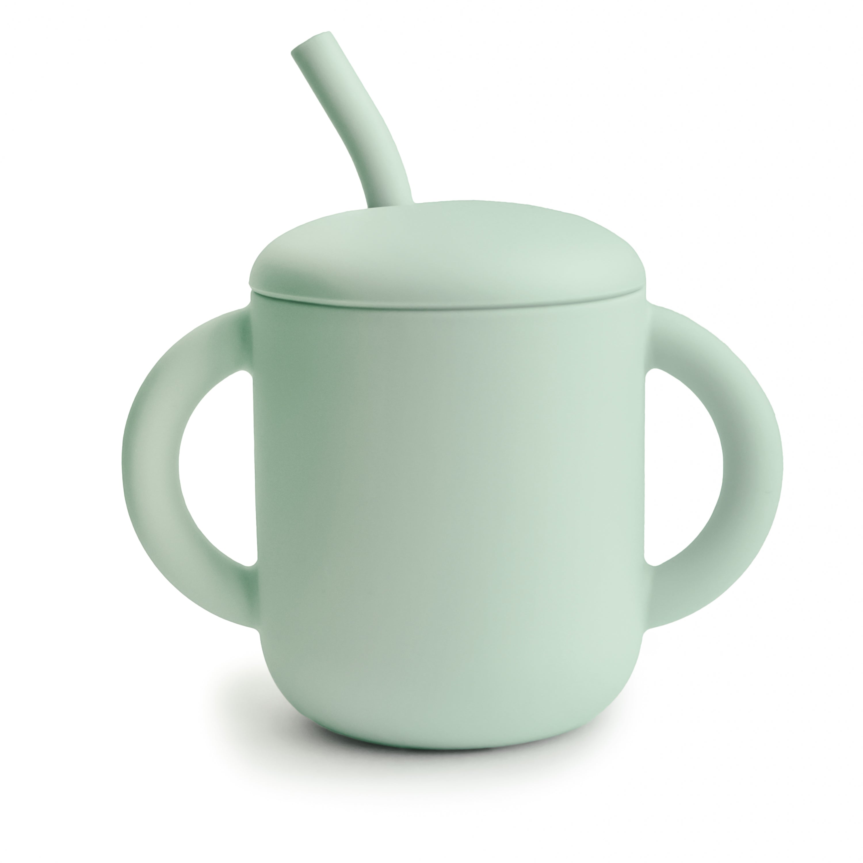 Mushie training cup with straw in Cambridge blue on a white background
