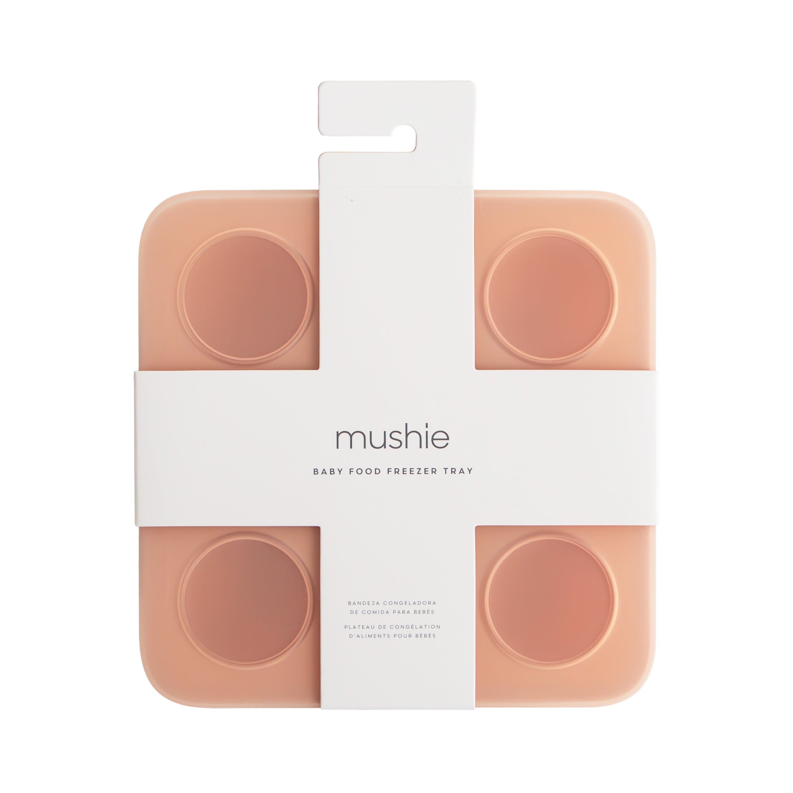 Mushie baby food freezer tray in Blush in original packaging on a white background