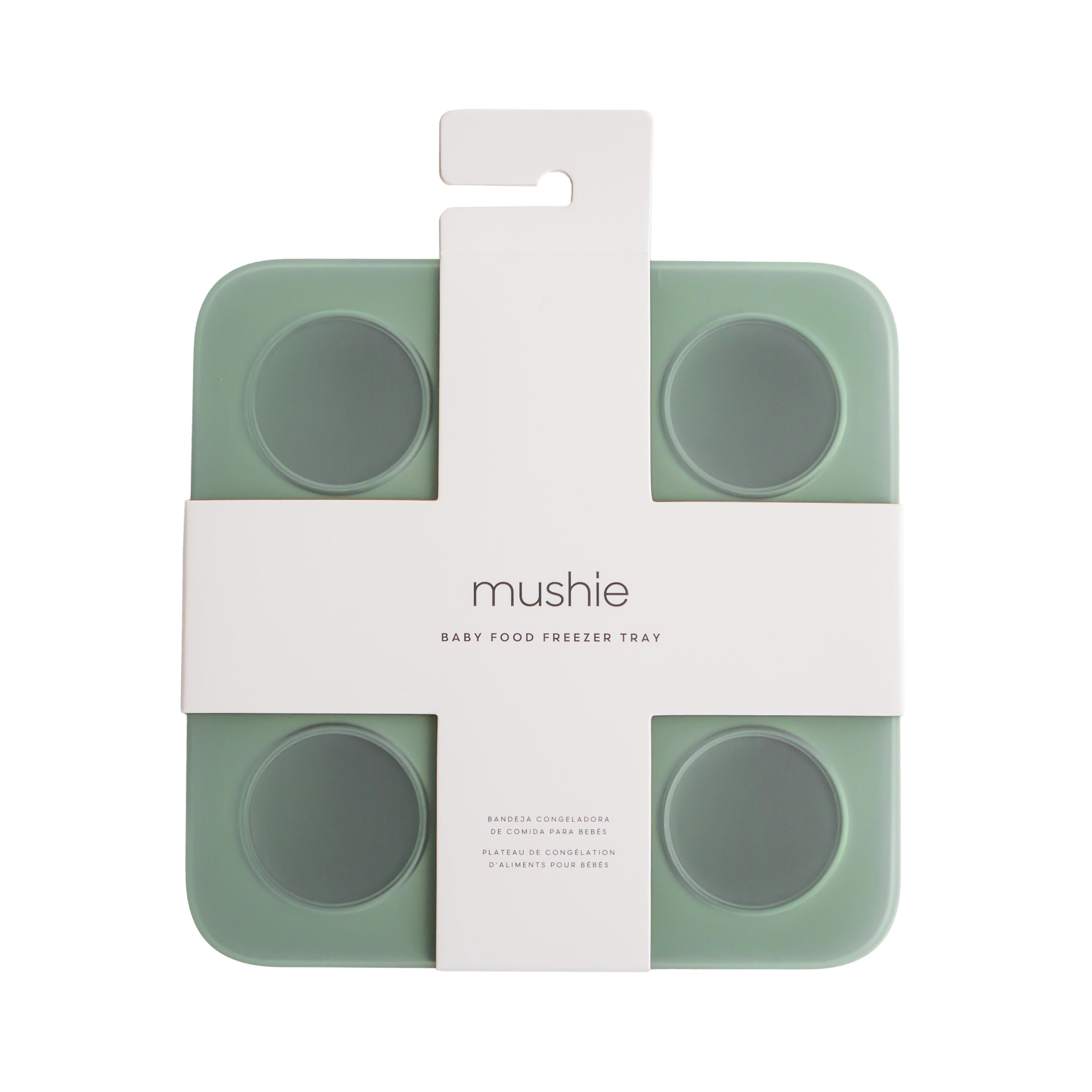 Mushie baby food freezer tray in Cambridge blue in original packaging on a white background