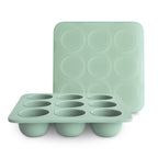 Mushie baby food freezer tray in Cambridge blue on a white background