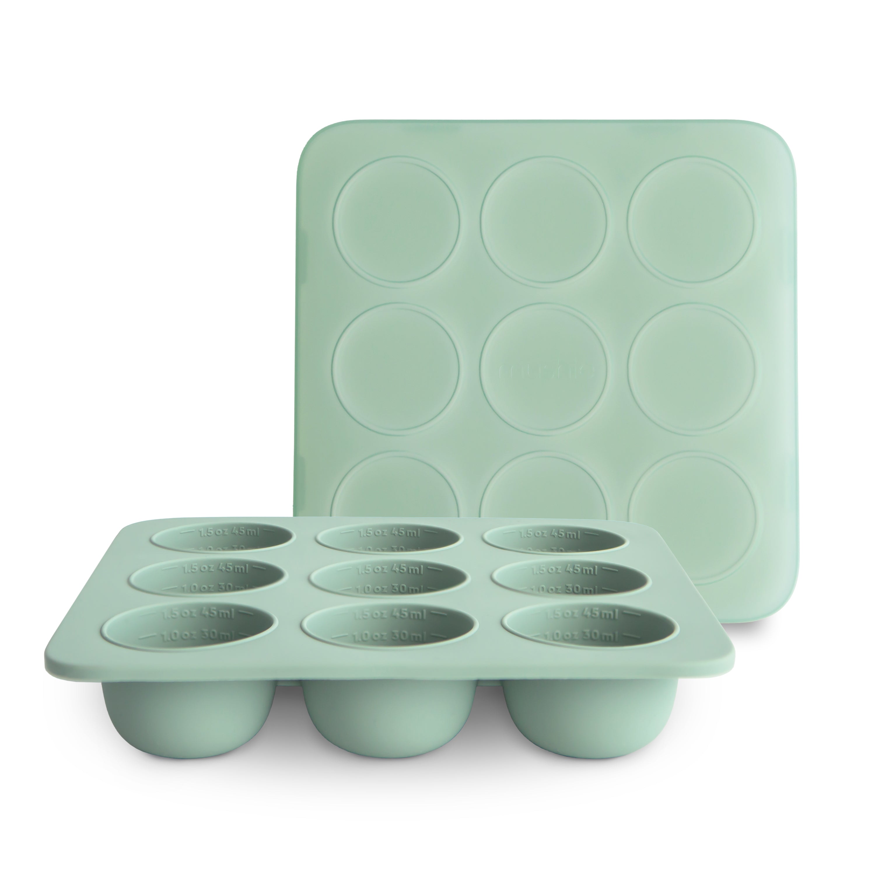 Mushie baby food freezer tray in Cambridge blue on a white background