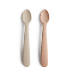 Mushie first feeding baby spoons 2-pack in Blush and Shifting sand on a white background