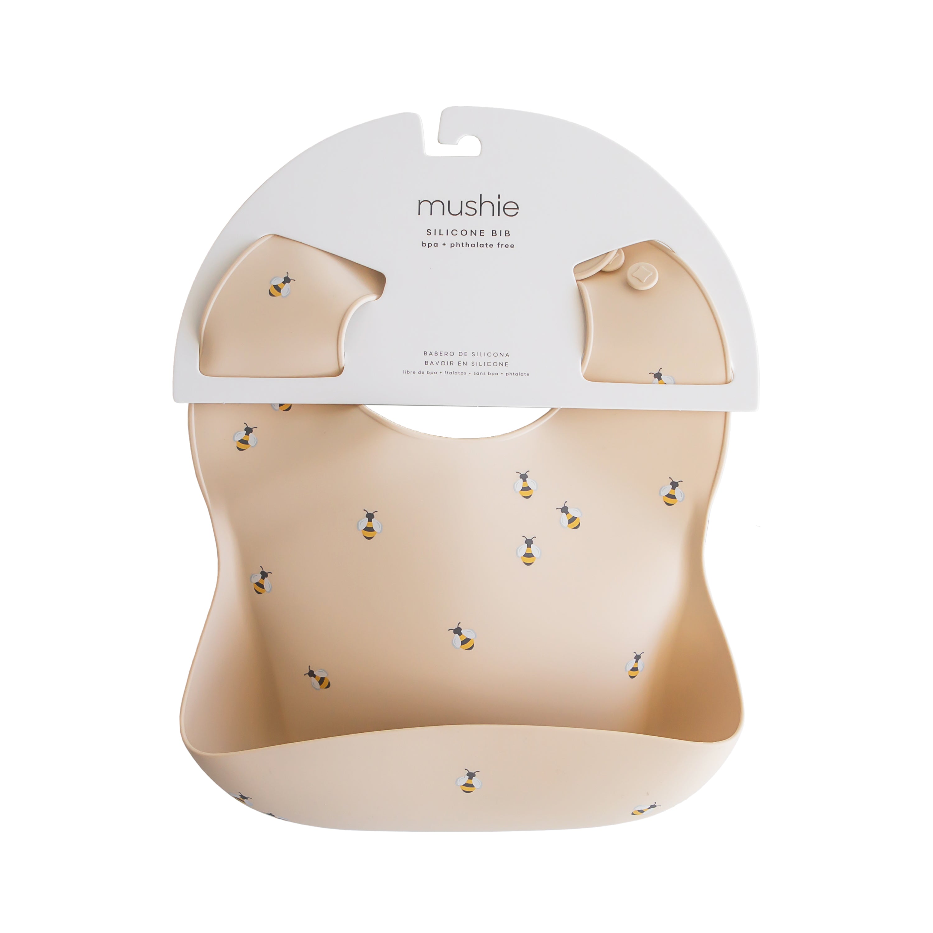 Mushie silicone bib in Bees print in original packaging