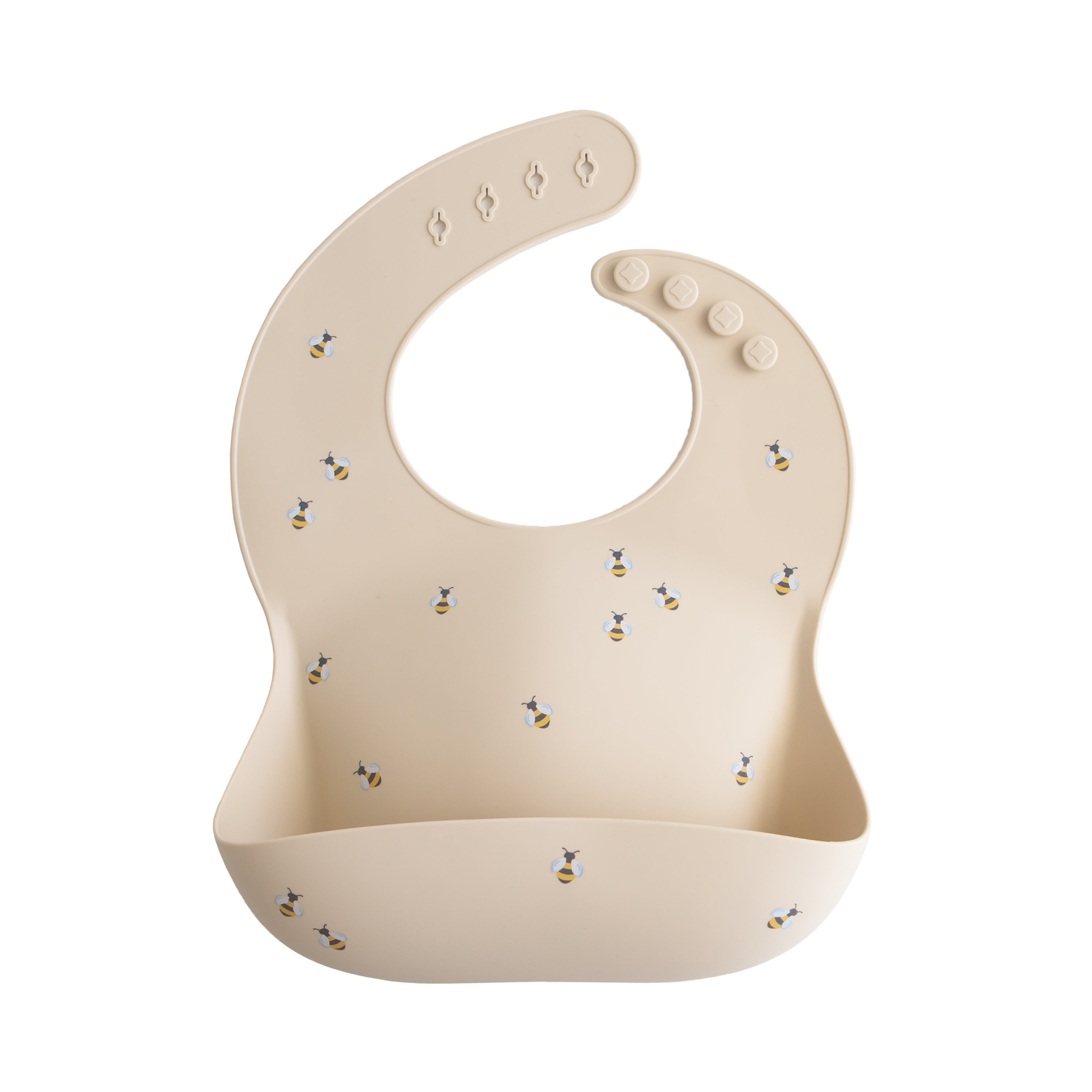 Mushie silicone bib in Bees print on a white background