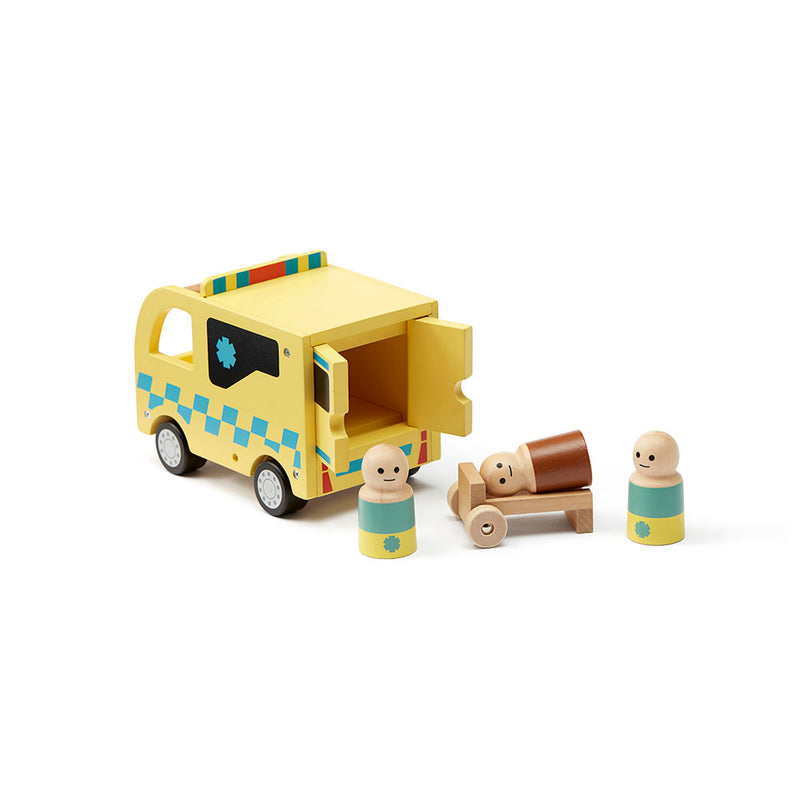 Kids Concept wooden toy ambulance  with three figures and a stretcher (included) on a white background