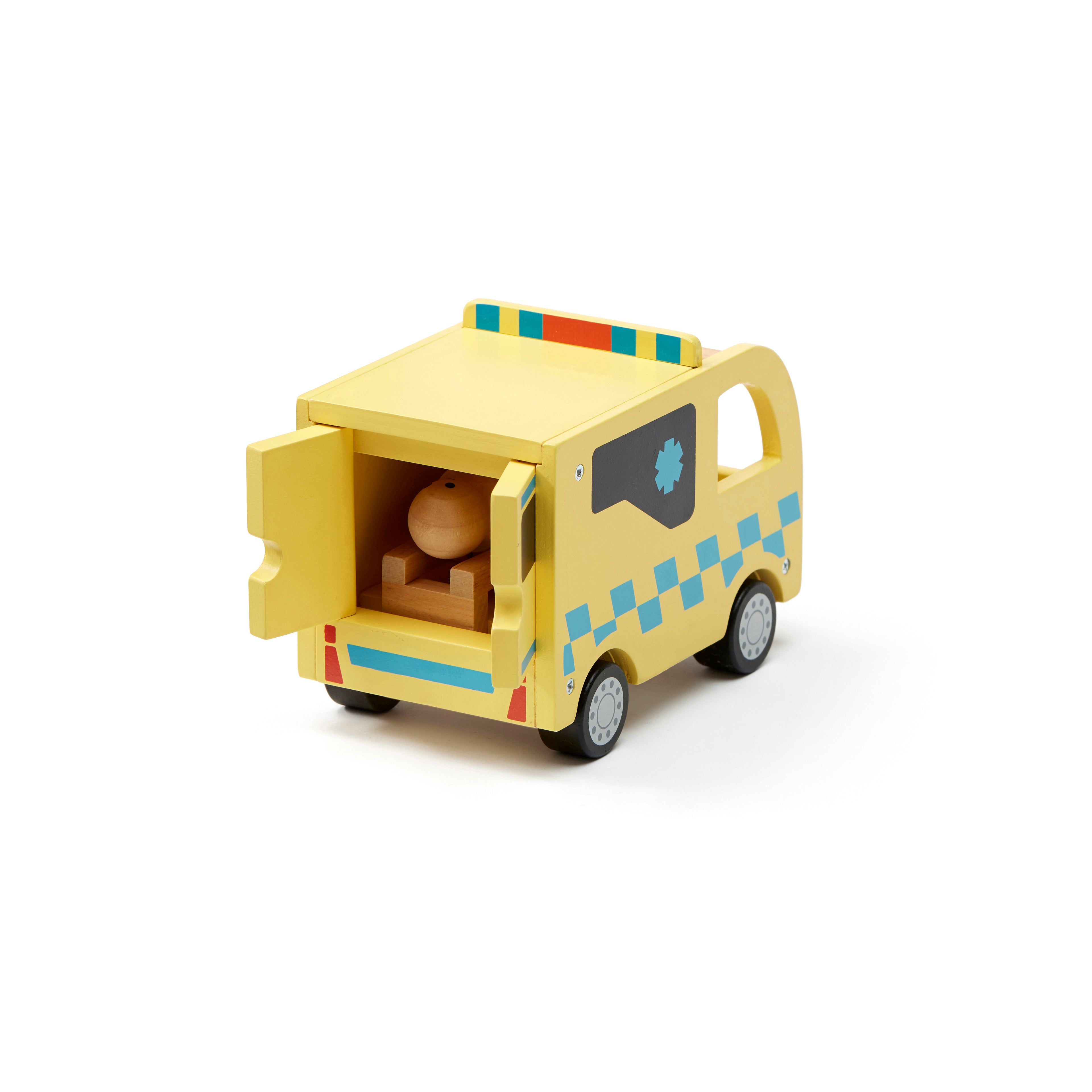 Kids Concept wooden toy ambulance  with open doors on a white background