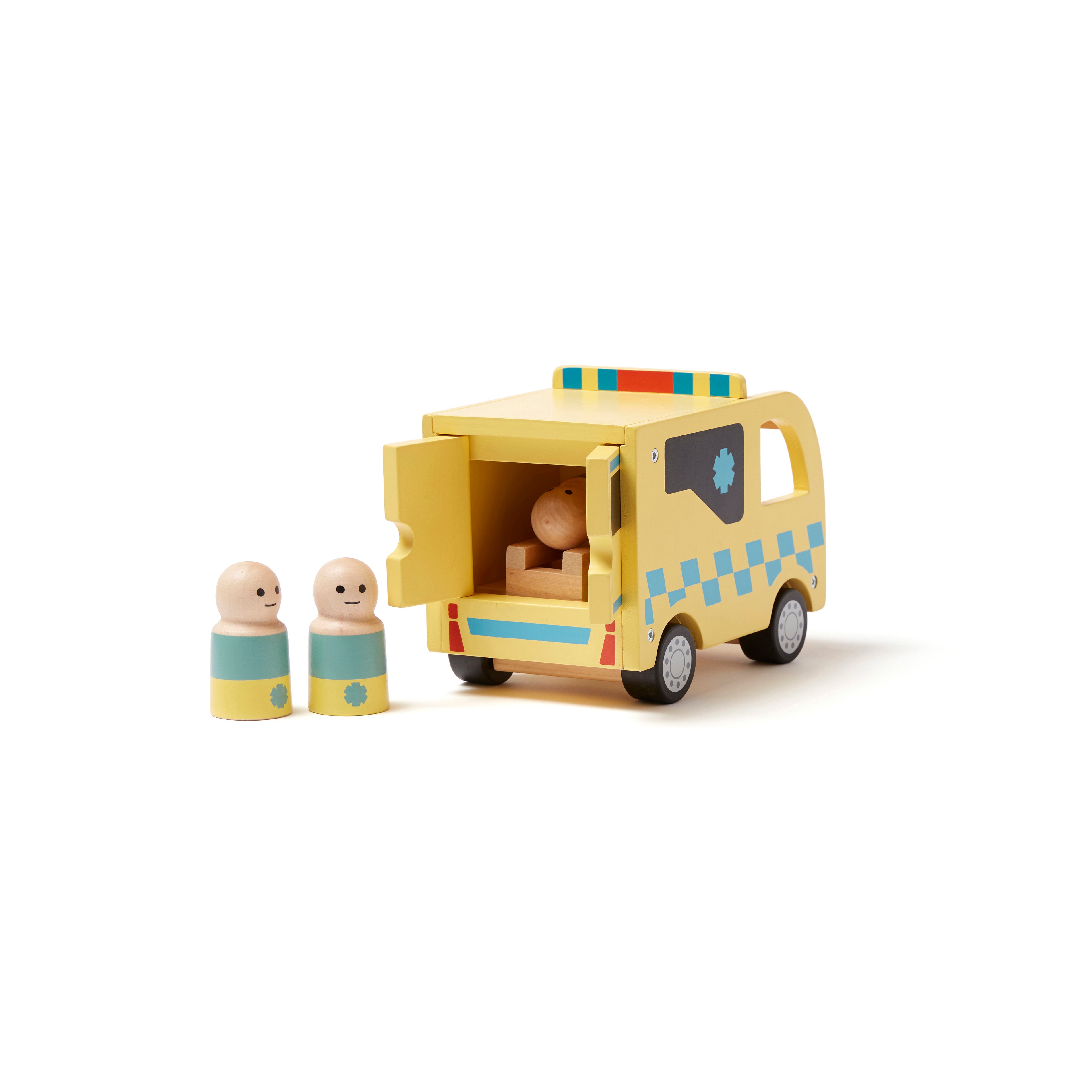 Kids Concept wooden toy ambulance  with open doors and two figures (included) on a white background