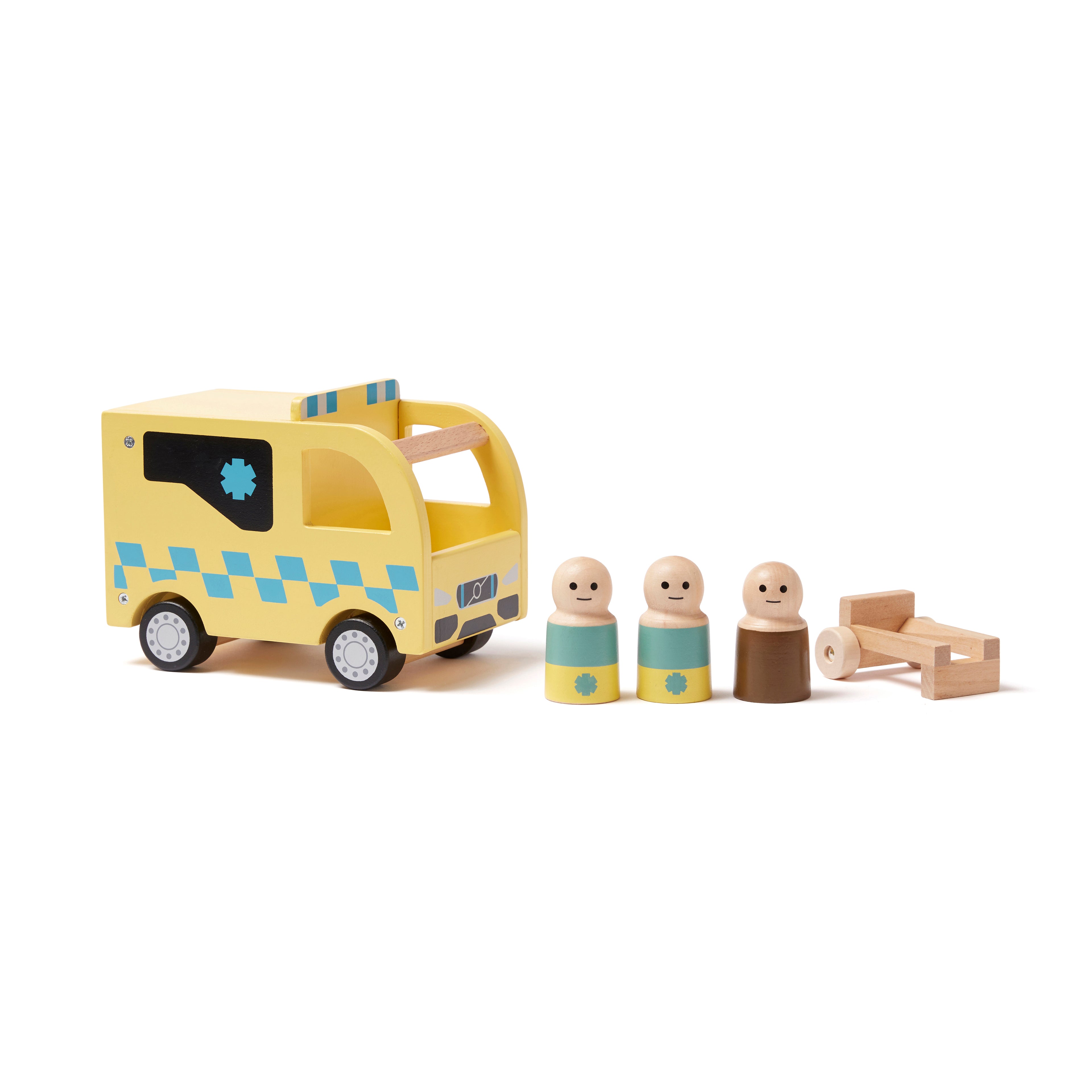 Kids Concept wooden toy ambulance   with three figures and a stretcher on a white background