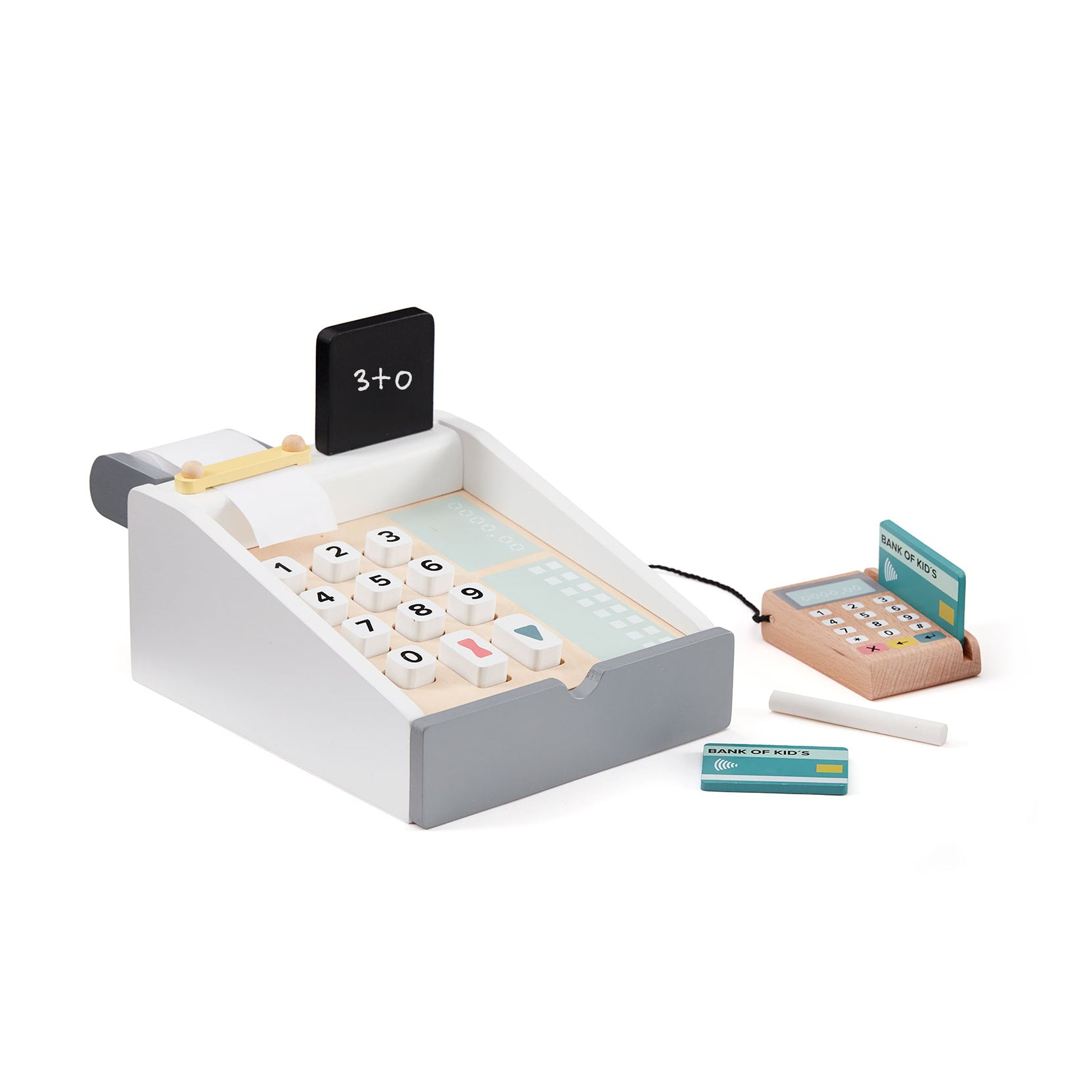 Front view of a Kid's Concept toy cash register on a white background
