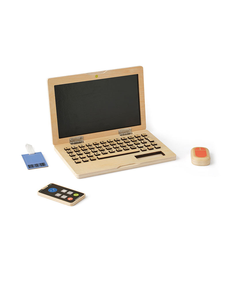 Front view of a Kid's Concept wooden computer play set on a white background