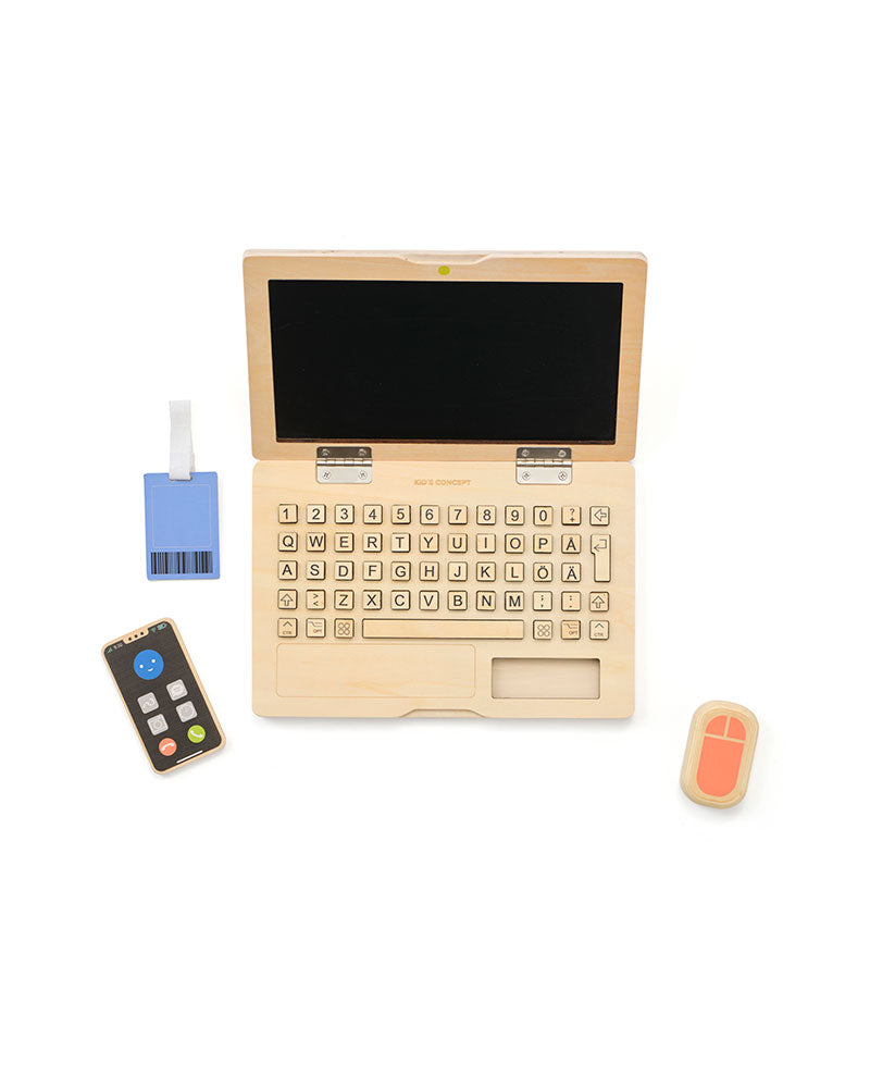 Top view of a Kid's Concept wooden computer play set on a white background