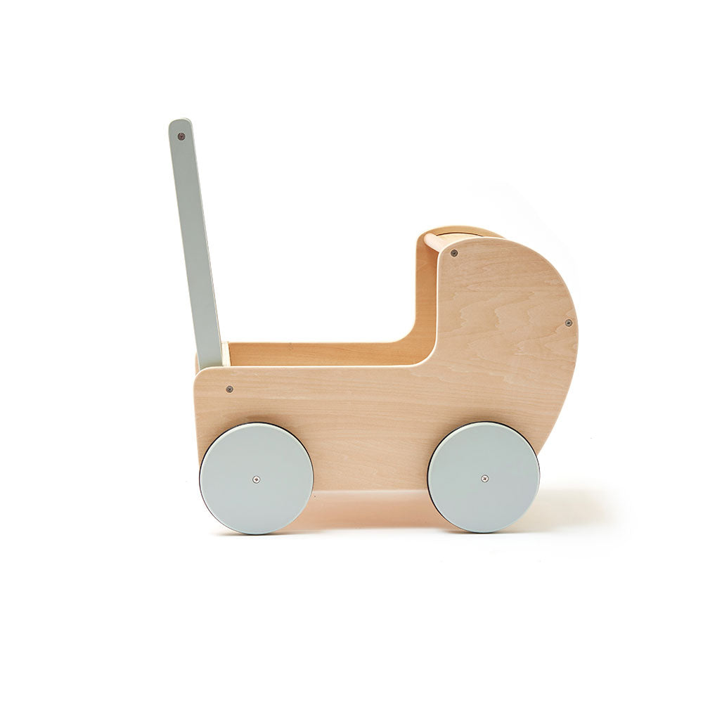 Front view of a Kid's Concept doll pram on a white background