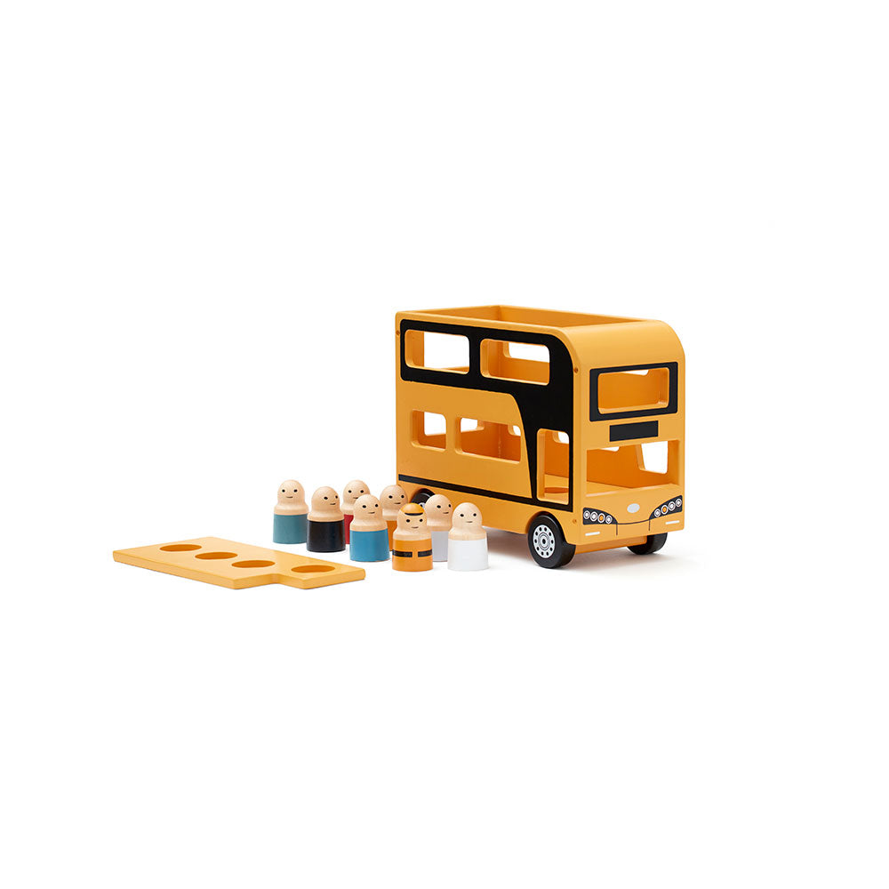 Kid's Concept wooden double decker bus toy with wooden figures (included) on a white background