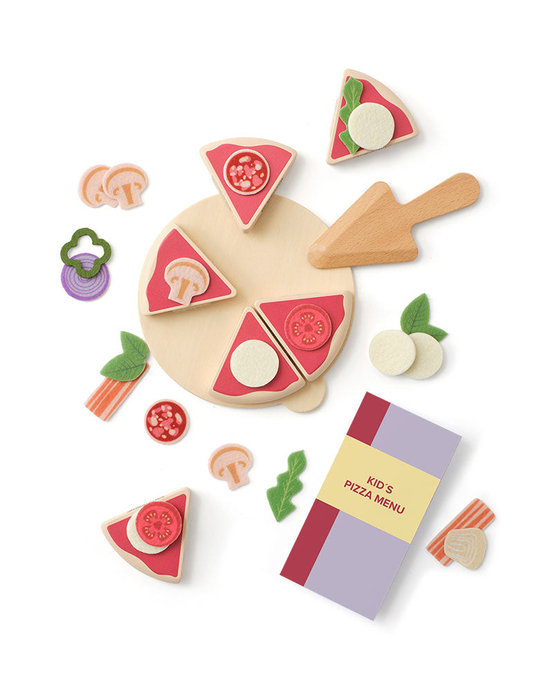 Kids Concept wooden pizza play kit on a white background