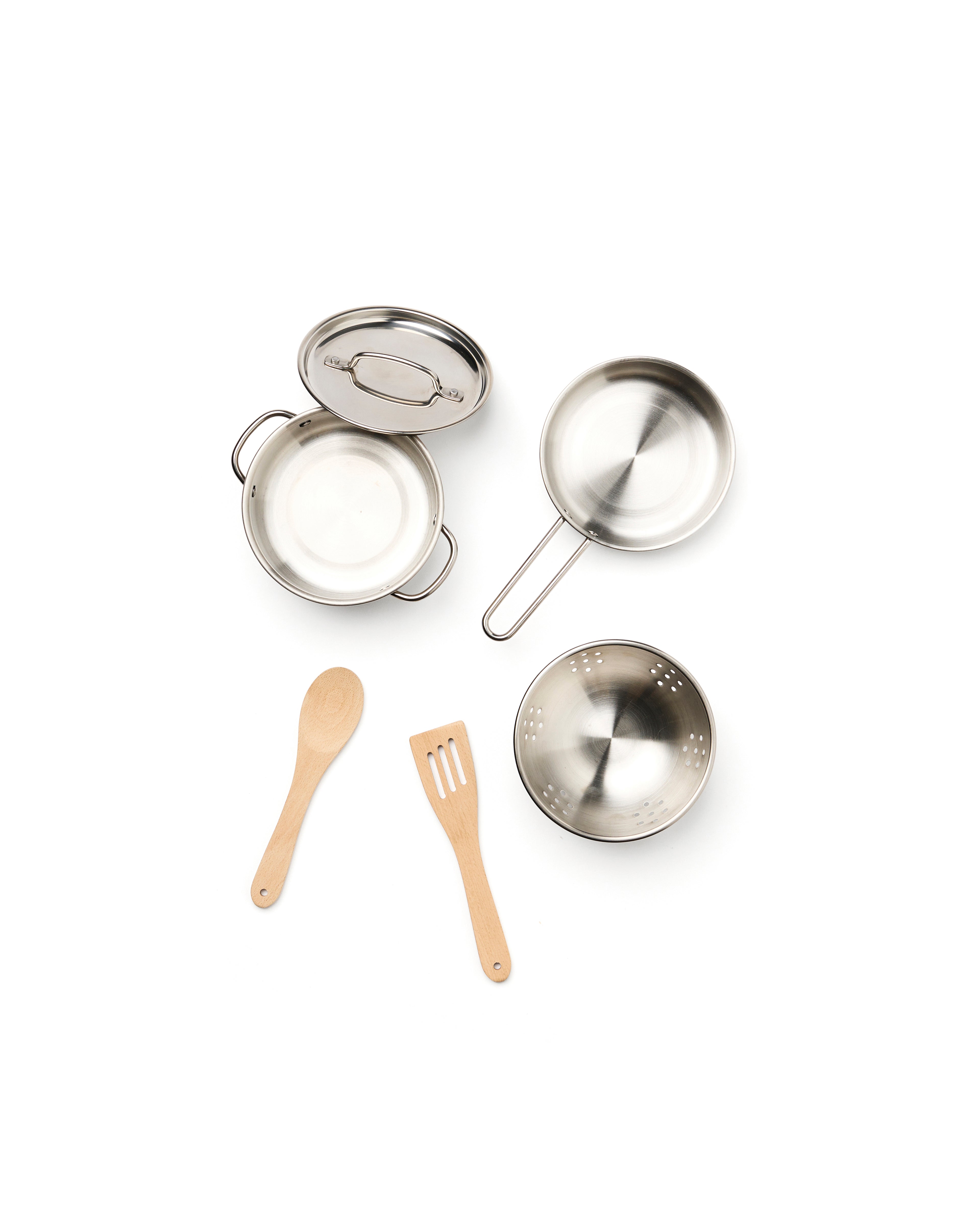 Top view of Kid's Concept pots and pans play set on a white background