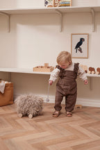 Child in brown overalls standing on a wooden floor playing with a Kid's Concept pull-along mammoth toy