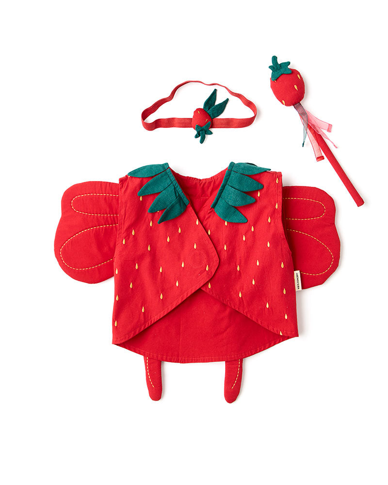 Front view of a Kid's Concept strawberry fairy dress-up costume on a white background