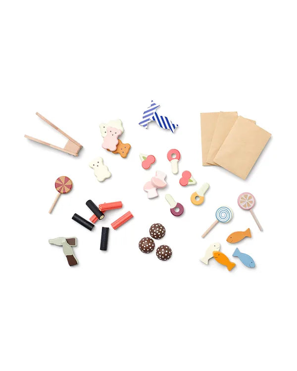 Kids Concept Swedish candy shop play set with all toy sweets and accessories laid out on a white background