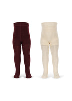 Front view of the Konges Sløjd Bow 2-pack Pointelle Tights in Bordeaux/ Off white on a white background.