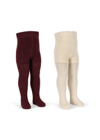 Back view of the Konges Sløjd Bow 2-pack Pointelle Tights in Bordeaux/ Off white on a white background.