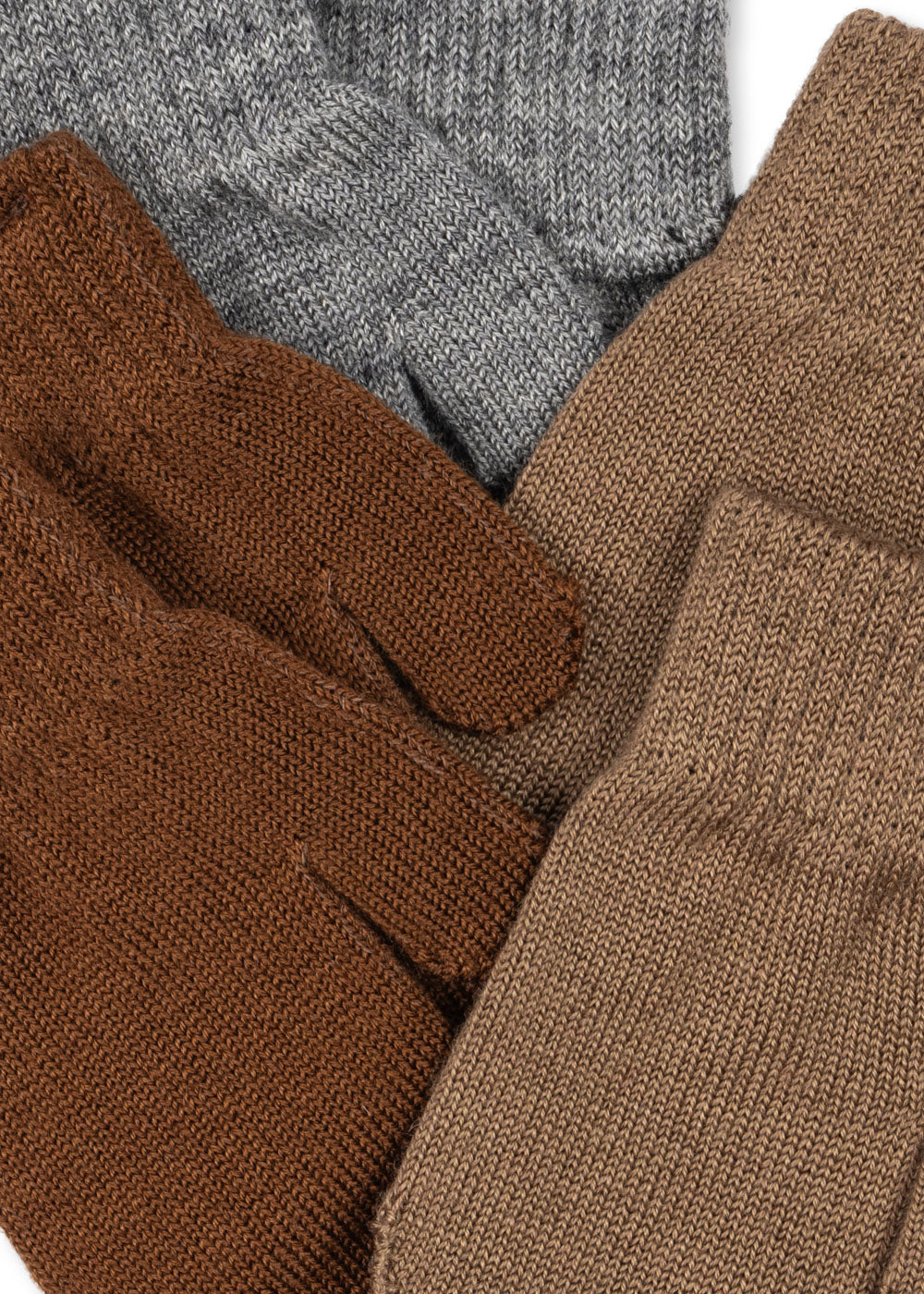 Close-up of Konges Sløjd 3‑pack Filla gloves in grey, melange and beige fabric