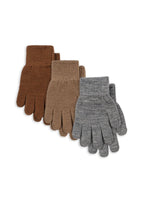 Konges Sløjd 3‑pack Filla gloves in grey, melange and beige on white background