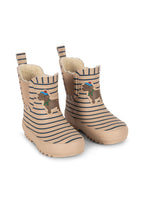 Front view of the Konges Sløjd ROI printed Rain Boot in Stripe la Mer on a white background.
