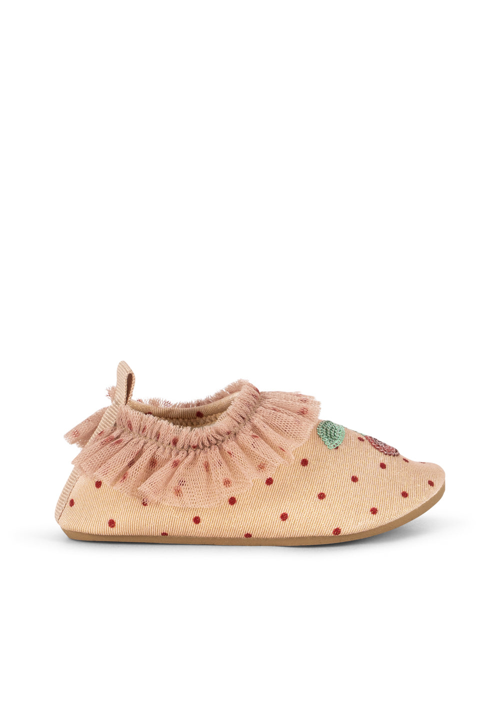 Side view of Konges Sløjd Amandine frill swim shoes on a white background
