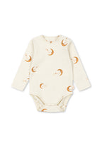 Front view of the Konges Sløjd Basic long-sleeve body in moon print on a white background.