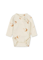 Front view of the Konges Sløjd Basic long-sleeve newborn body in moon print on a white background.