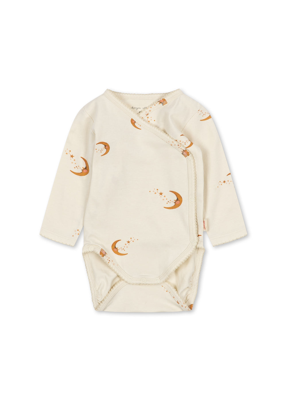Front view of the Konges Sløjd Basic long-sleeve newborn body in moon print on a white background.