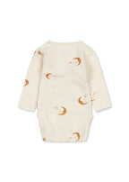 Back view of the Konges Sløjd Basic long-sleeve newborn body in moon print on a white background.