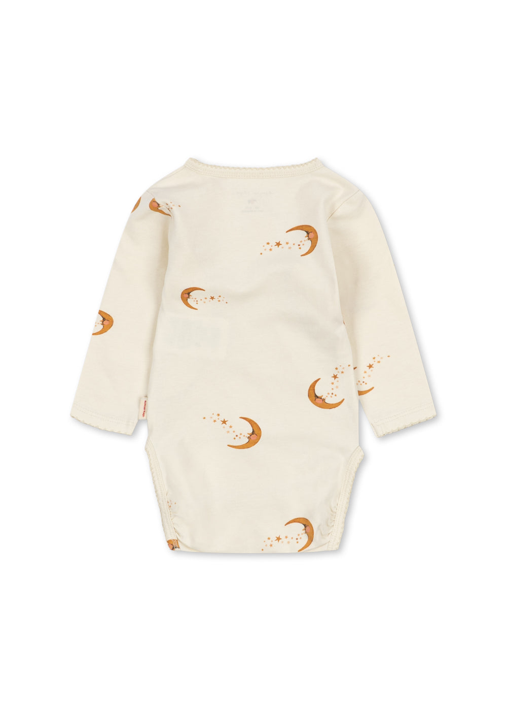 Back view of the Konges Sløjd Basic long-sleeve newborn body in moon print on a white background.