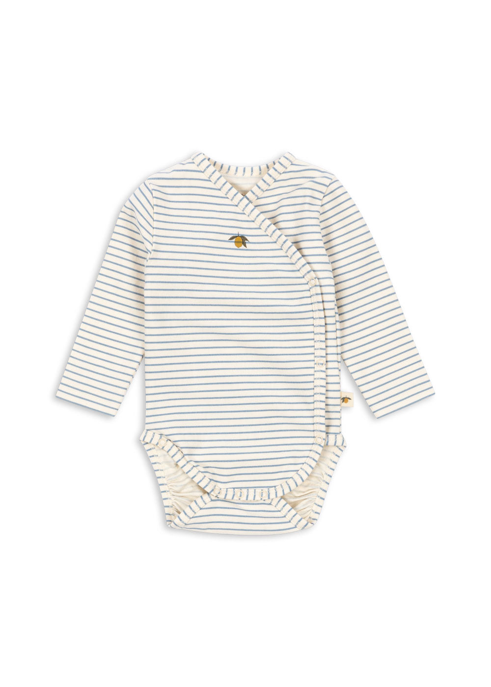 Konges Sløjd basic long-sleeve newborn body in Kubi and Stripe Bluie, front view on a white background