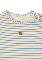 Close-up of Konges Sløjd basic onesie in Kubi and Stripe Bluie collar and fabric