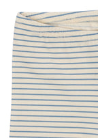 Close-up of Konges Sløjd basic pants in Kubi and Stripe Bluie fabric