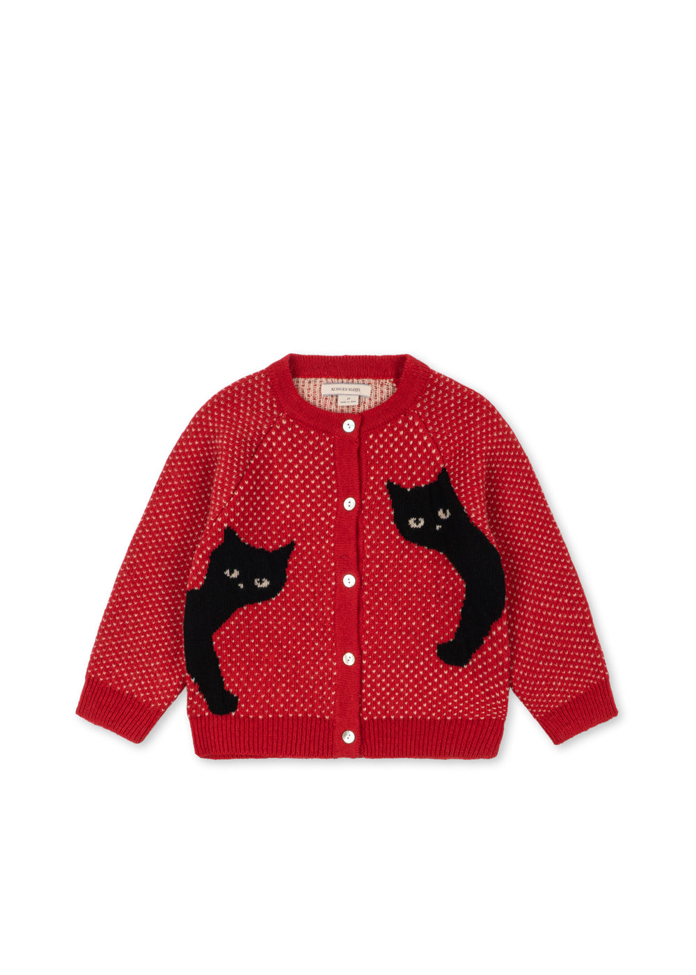 Front view of the Konges Sløjd Belou cardigan in Cat Rouge on a white background.