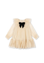 Front view of the Konges Sløjd Bow Dress in Parchment on a white background.