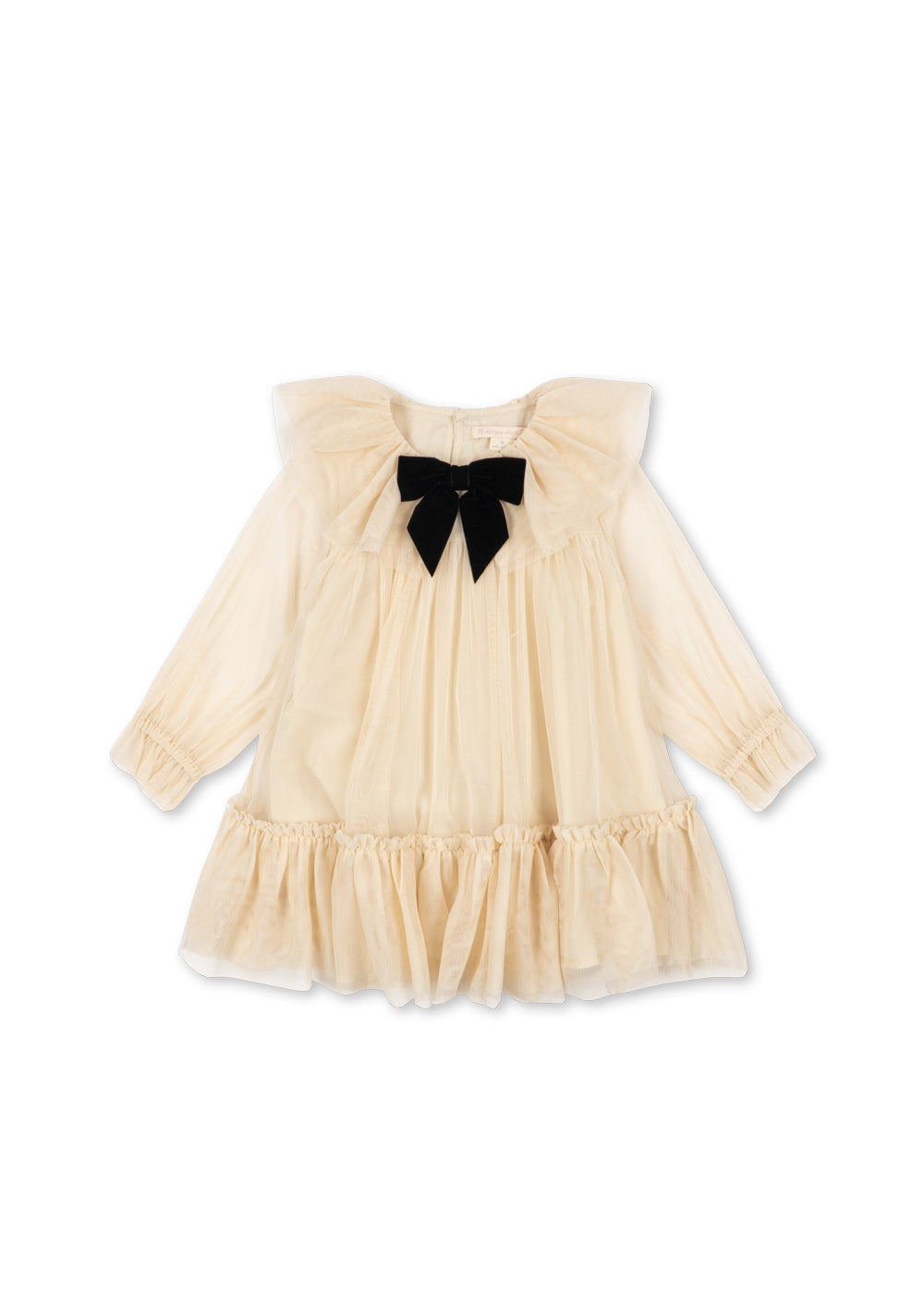 Front view of the Konges Sløjd Bow Dress in Parchment on a white background.