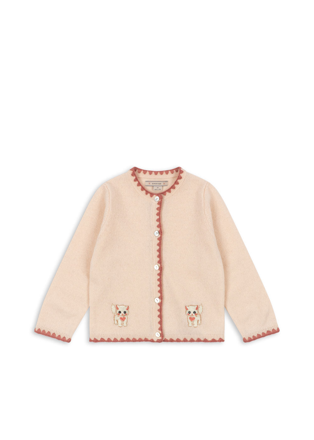 Front view of the Konges Sløjd Collette Cardigan in Rosey on a white background.