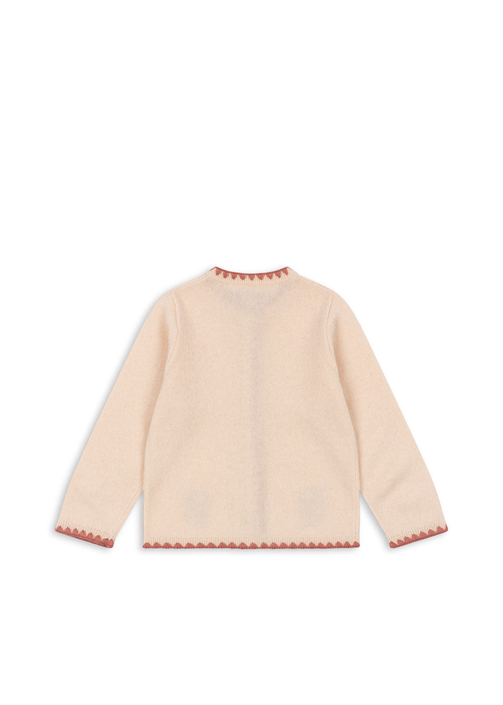 Back view of the Konges Sløjd Collette Cardigan in Rosey on a white background.