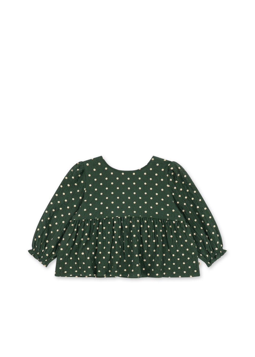 Front view of the Konges Sløjd Elin bow blouse in Dot Marseille on a white background.