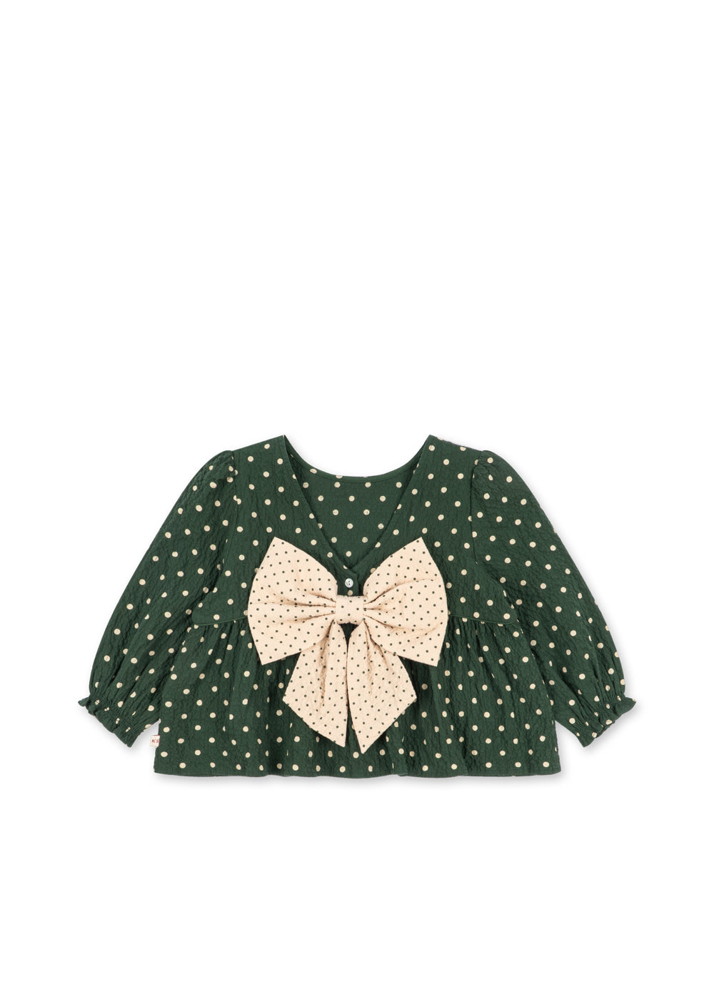 Back view of the Konges Sløjd Elin bow blouse in Dot Marseille on a white background.